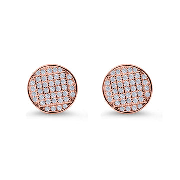 Hip Hop Round Stud Earrings Rose Tone, Simulated Cubic Zirconia Screw Back 925 Sterling Silver